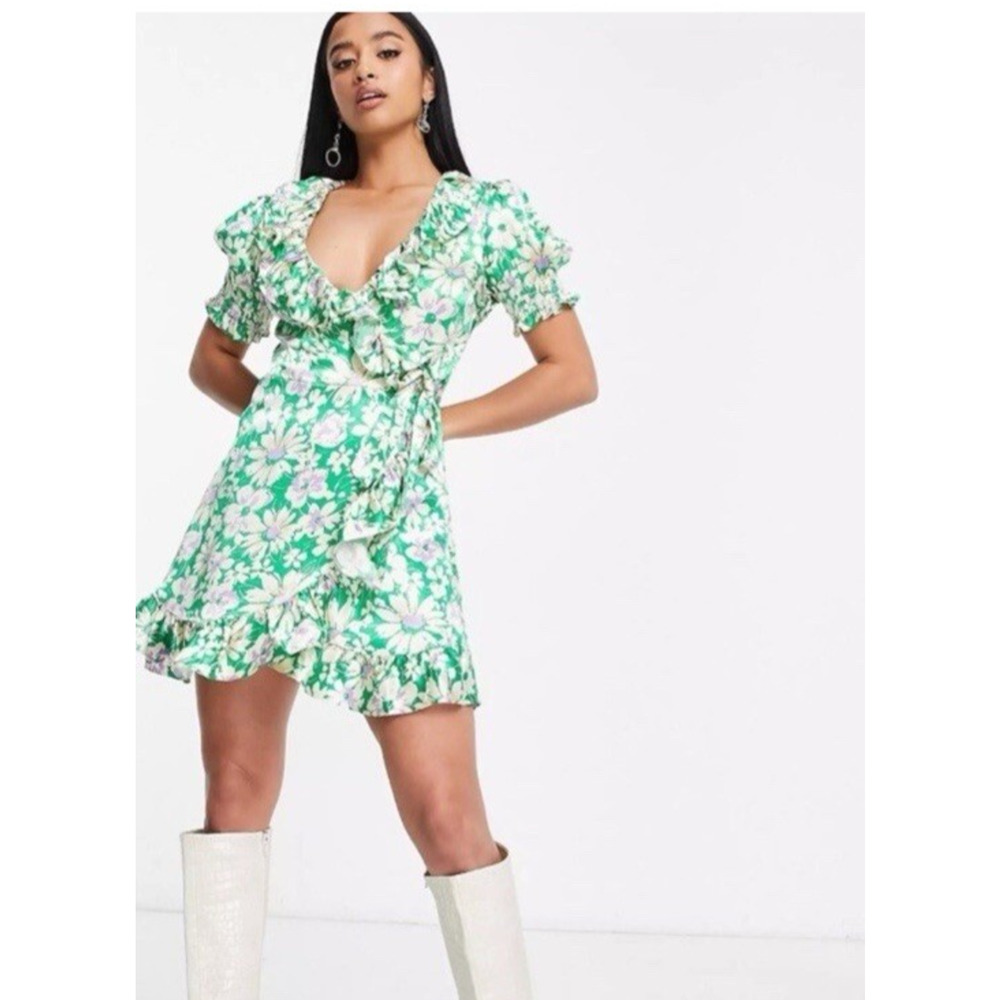 Topshop Dress 2 Floral Wrap Daisy Mini Green Floral Boho Satin